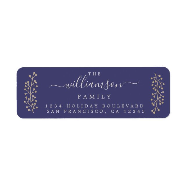 Chic Gold Sprig Blue Christmas Return Address Label (Front)
