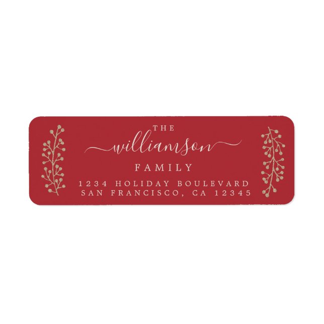 Chic Gold Sprig Red Christmas Return Address Label (Front)