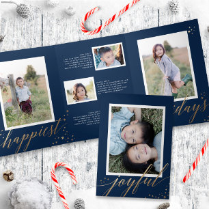 Chic Gold Stardust Tri-fold Navy Christmas Photo  Invitation