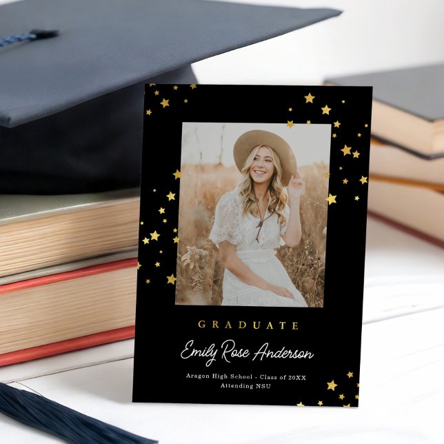 Chic Gold Stars Blk Photo Graduation Announcement (Creator Uploaded)