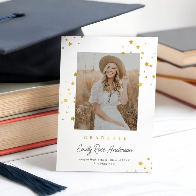Chic Gold Stars Wht Photo Graduation Announcement (Creator Uploaded)