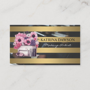 Chic Gold Stripes Makeup Kit and Flowers Business Card
