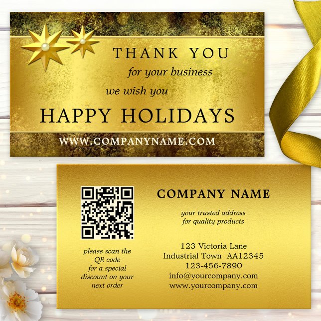 Chic Gold Thank You QR Christmas Business Card (Elegant Christmas business card featuring a gold stylized design with stars and your custom QR code)