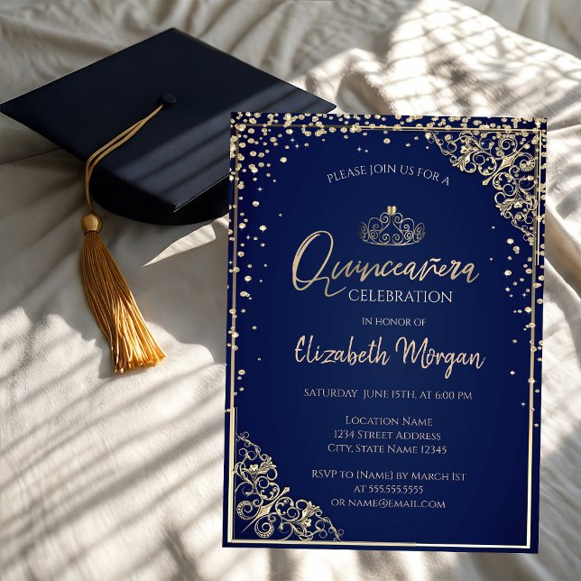 Chic Gold Tiara,Diamonds Blue Quinceañera   Invitation (Creator Uploaded)
