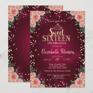 Chic Gold Tiara,Diamonds Burgundy Floral Sweet 16 Invitation