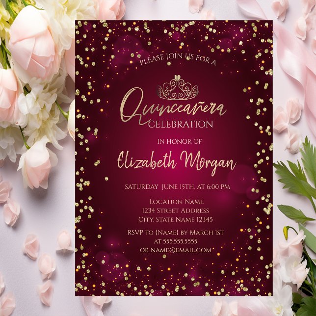 Chic Gold Tiara,Diamonds Burgundy Quinceañera Invitation (Creator Uploaded)