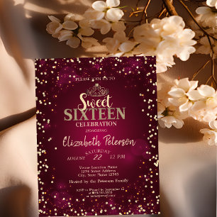 Chic Gold Tiara,Diamonds Burgundy Sweet 16 Party Invitation