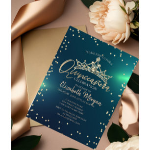 Chic Gold Tiara,Diamonds Green Quinceañera Invitation