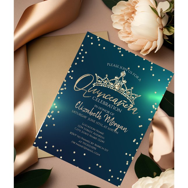 Chic Gold Tiara,Diamonds Green Quinceañera  Invitation (Creator Uploaded)