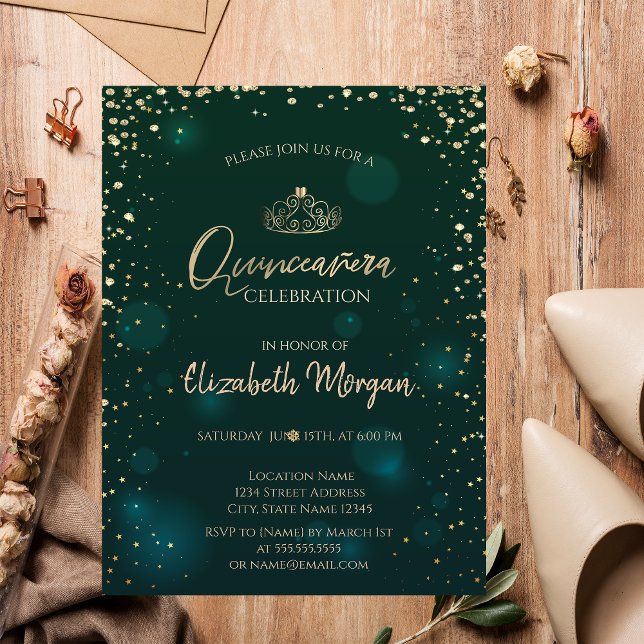Chic Gold Tiara,Diamonds Green Quinceañera Invitation (Creator Uploaded)