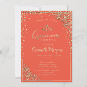 Chic Gold Tiara,Diamonds Orange Quinceañera Invitation