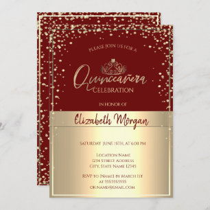 Chic Gold Tiara,Diamonds Red Quinceañera  Invitation