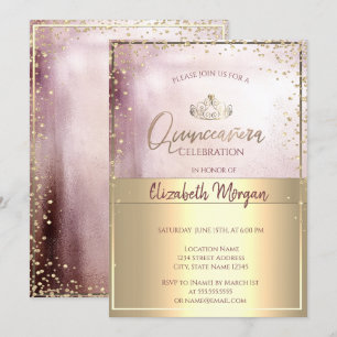 Chic Gold Tiara,Diamonds Rose Gold Quinceañera Invitation