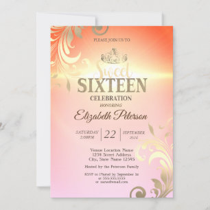Chic Gold Tiara Diamonds Swirls Sweet 16 Party Invitation