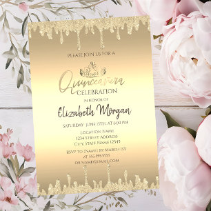 Chic Gold Tiara,Glitter Drips Gold Quinceañera   Invitation