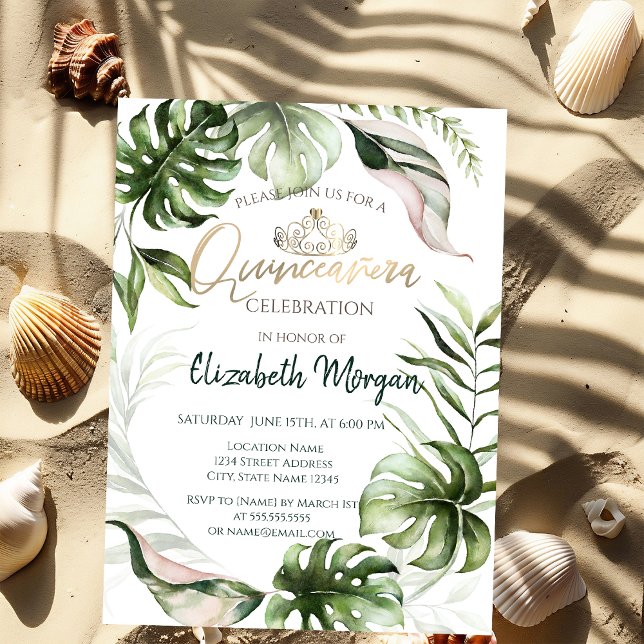 Chic Gold Tiara Tropical Leaves Quinceañera Invitation (Creator Uploaded)