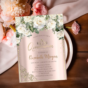 Chic Gold Tiara,White Roses Diamonds Quinceañera  Invitation