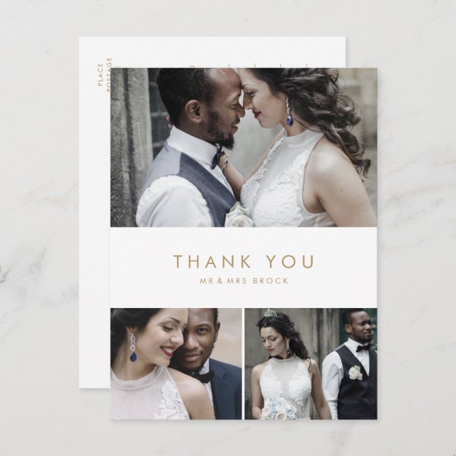 Chic Gold Typography 3 Photo Collage Thank You Postcard (Front/Back)