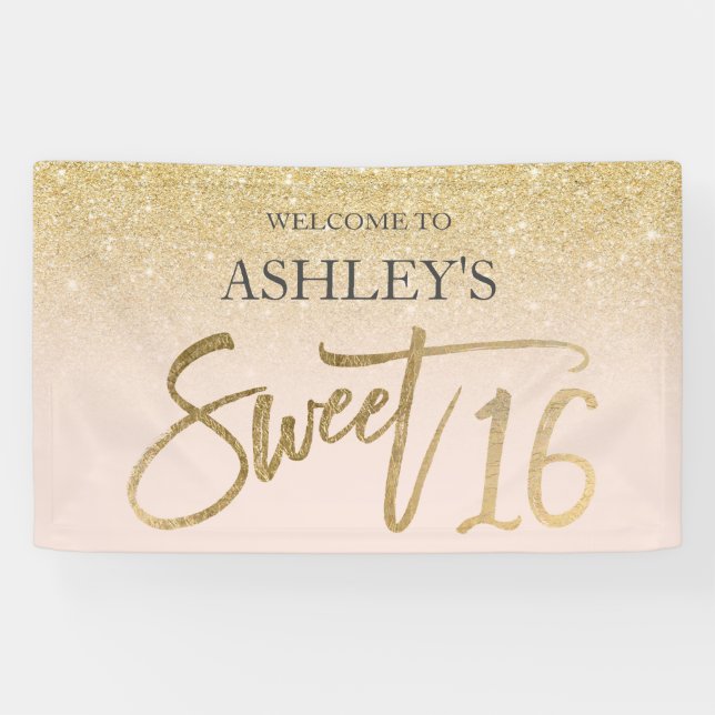 Chic gold typography blush Sweet 16 party Banner (Horizontal)