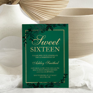 Chic gold typography Floral green leaf Sweet 16 Invitation