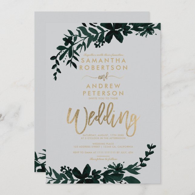 Chic gold typography Floral grey wedding Invitation (Front/Back)