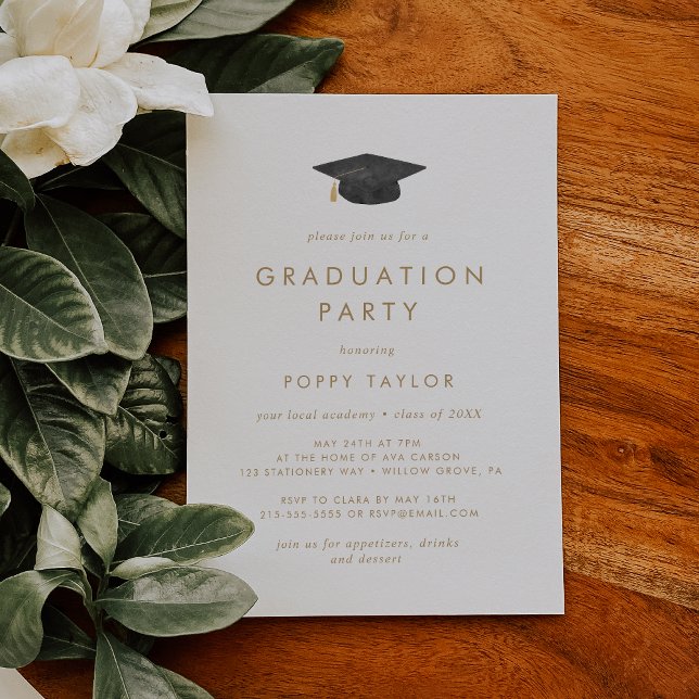 Chic Gold Typography Grad Cap Graduation Party Invitation (Creator Uploaded)