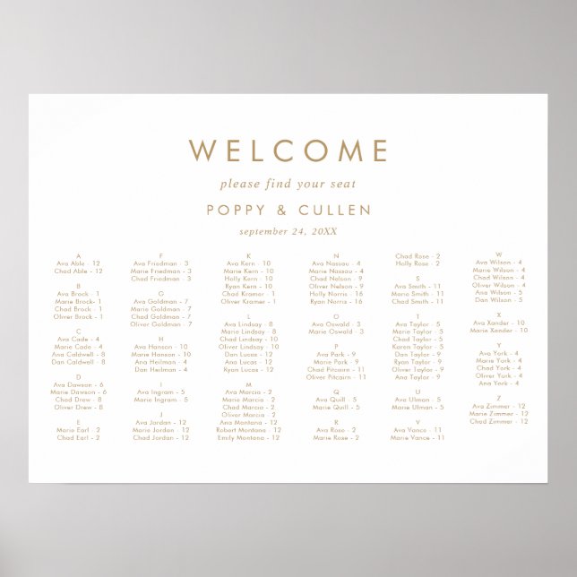 Chic Gold Typography Horizontal Seating Chart (Front)