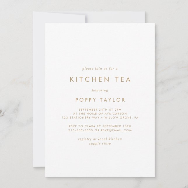 Chic Gold Typography Kitchen Tea Bridal Shower Invitation (Front)