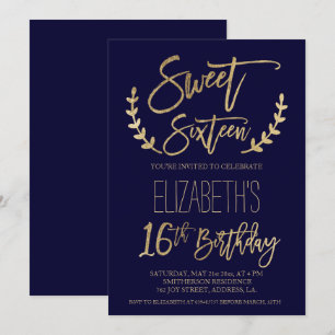 Chic gold typography navy blue Sweet SIxteen Invitation