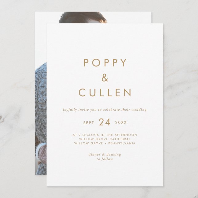 Chic Gold Typography Photo Wedding Invitation (Front/Back)