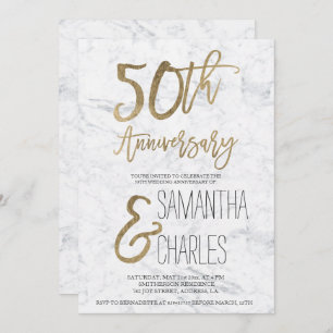 Chic Gold typography white marble 50th anniversary Invitation