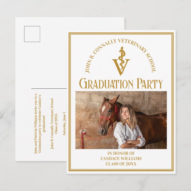 Chic Gold Veterinary School Photo Graduation Party Invitation Postcard (Front/Back)