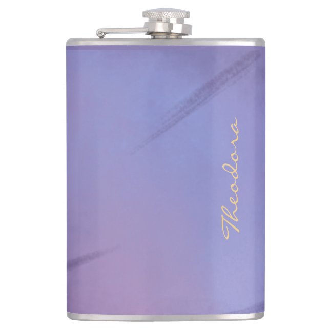 Chic Gold Violet Abstract Floral Hip Flask (Front)