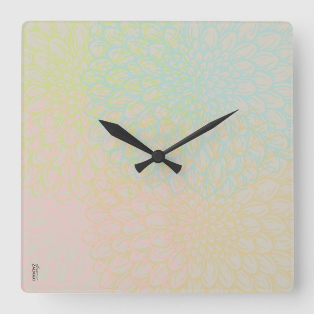 Chic Gold Violet Abstract Floral Square Wall Clock (Front)