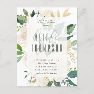 Chic Gold Watercolor Peonies Bridal Shower Invitation Postcard