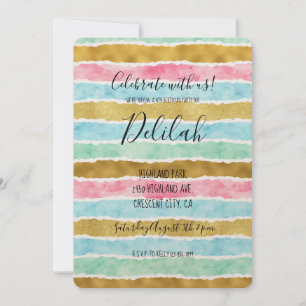 Chic Gold Watercolor Stripes Invitation