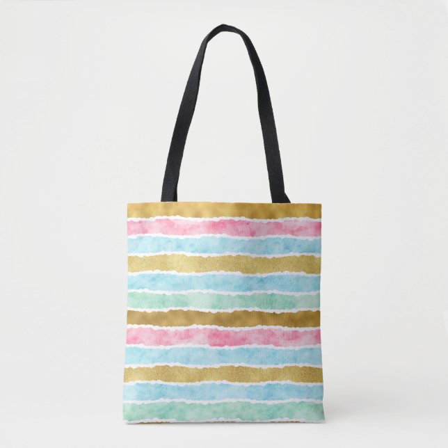 Chic Gold Watercolor Stripes Tote Bag (Front)