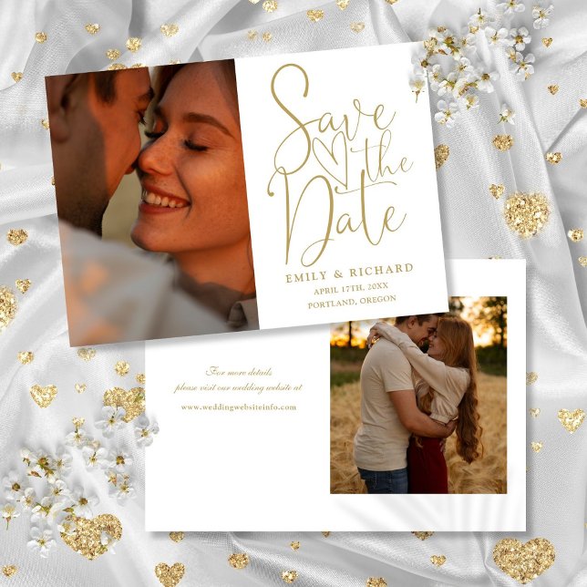 Chic Gold Wedding 2 Photo Elegant Script Save The Date (Chic Gold Wedding 2 Photo Elegant Script Save The Date)