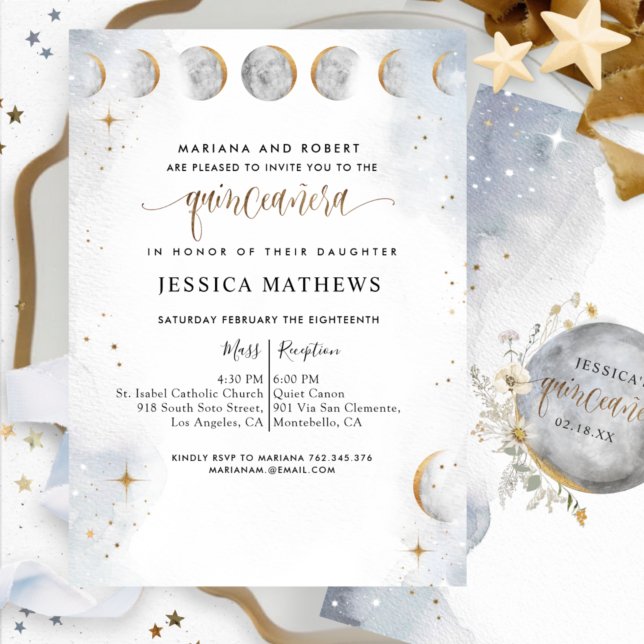 Chic Gold, White and Silver Celestial Quinceañera Invitation (Creator Uploaded)