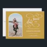 Chic Gold White Arched Frame Photo Save the Date<br><div class="desc">Modern and elegant design printed chic gold script calligraphy arched frame wedding photo save the date that can be customised with your text. Please click the "Customise it" button and use our design tool to modify this template. Check out the Graphic Art Design store for other products that match this...</div>