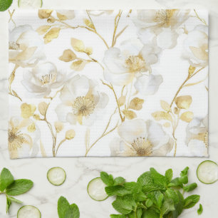 Chic Gold White Flowers Bridal Shower Tea Towel