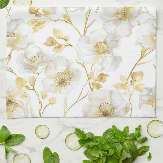 Chic Gold White Flowers Bridal Shower Tea Towel (Folded)