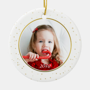 Chic Gold & White Joy Holiday Family Photo Christm Ceramic Ornament