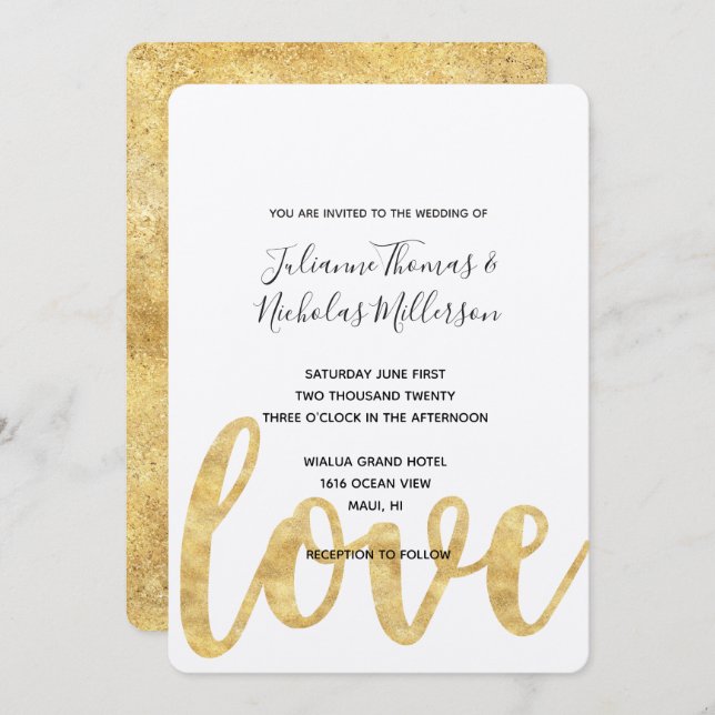 Chic Gold White Love Wedding Invites (Front/Back)