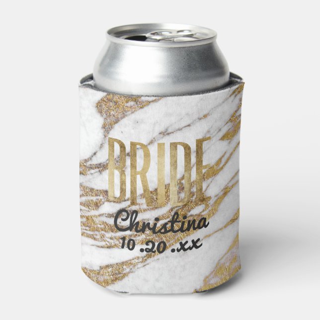 Chic Gold White Marble Bride Bachelorette Party Can Cooler (Can Front)