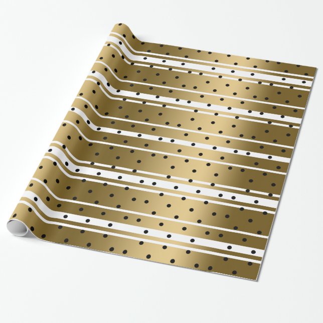 Chic Gold & White Stripes With Black Polka Dots Wrapping Paper (Unrolled)