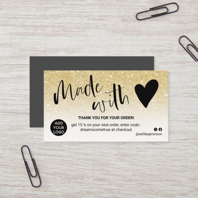 Chic gold white thank you made with love business card (Front/Back In Situ)