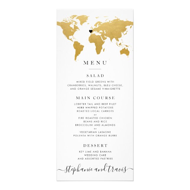 Chic Gold World Map with Optional Heart Menu Card (Front)