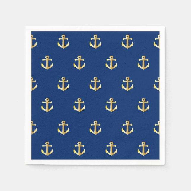 Chic Gold Yellow Anchor Pattern On Dark Navy Blue Napkin (Front)