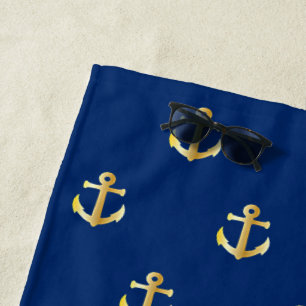 Chic Gold Yellow Coloured Nautical Anchors Pattern Beach Towel